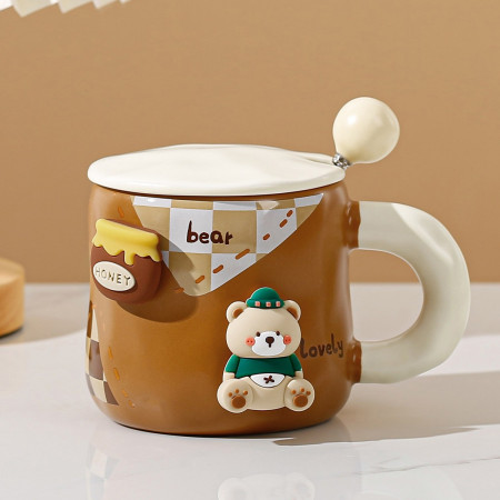Cana din Ceramica, Cyrax, Model Urs pentru Baieti, Cana Universala, Cana pentru Ceai, Cana cu Lingura Metalica si Capac, 9.6 x 9.5 x 9.5 cm, 400 ml Maro