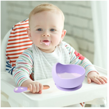 Set 10 piese diversificare bebelusi si copii din silicon Cyrax, baveta, farfurie compartimentata cu ventuza, bol cu ventuza, tacamuri din lemn si silicon, cana pentru gustari, fara alergeni, mov