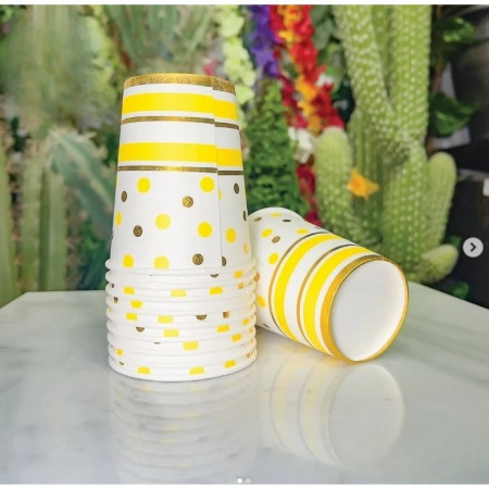 Set 10 Pahare, Cyrax, Imprimeu cu Buline si Dungi, din Carton, 250 ml, 7.5 x 8.5 x 5.2 cm, Galben/Auriu