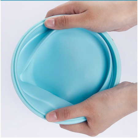 Set 2 caserole rotunde pliabile Cyrax, din silicon, rezistenta la temperaturi ridicate, usor de depozitat si curatat, 500 si 800 ml, utilizare in cuptorul cu microunde, albastra