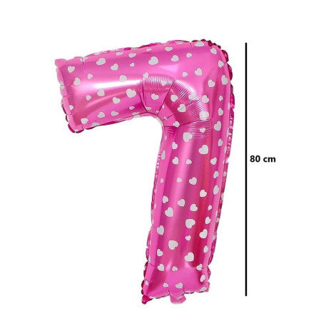 Balon din Folie Metalizata Cyrax, Figurina Cifra, Imprimeu Inimi, Tema Aniversare 80 cm, Ambalaj Individual, Pai inclus, Umflare cu Aer sau Heliu, Roz, Cifra 7
