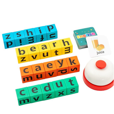 Joc cu Blocuri din Lemn, Cyrax, Formare Cuvinte, Cartonase cu Obiecte si Animale, Clopotel, Joc pentru 4 Persoane, 3 Ani+, 28x15.5x5 cm, Multicolor