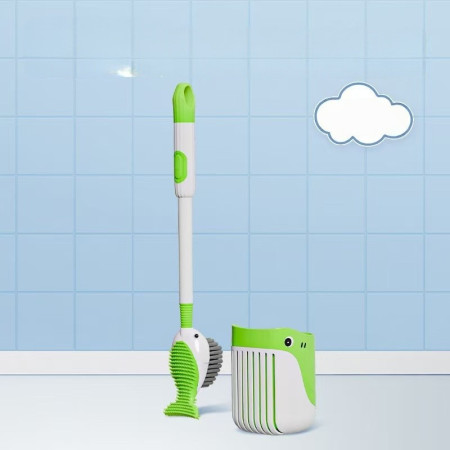Perie de Toaleta,  cu Suport de Perete, Recipient Detergent, 2 Tipuri de Perii, Model Balena, Verde