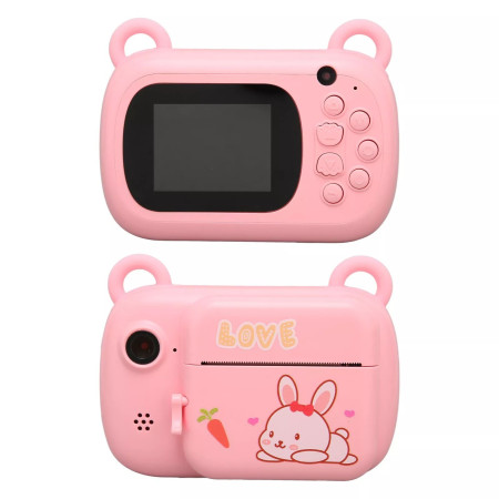 Camera Instantanee pentru Copii, Cyrax, Camera Frontala + Selfie, cu Functie de Printare, Cablu USB-C, Bluetooth, Compatibil iOS/Android, Imprimare APP, Model Iepure Love, Roz