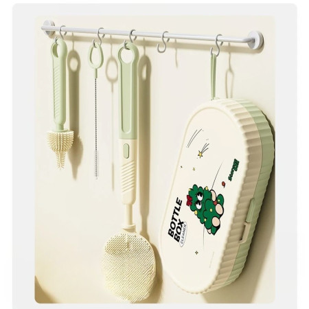 Set 7 Piese de Spalat/Uscat Biberoane, Cyrax, Portabil, Peri de Silicon, pentru Tetine, Suzete, Biberoane, Paie, Cutie Inclusa, 20 x 9.5 cm, Verde