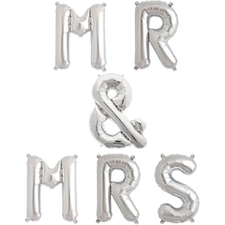 Set Baloane din Folie Metalizata, Cyrax, Figurine Litere, Model MR&MRS, Tema Nunta, 40 cm, Baloane Party, Ambalaj Individual, Pai inclus, Umflare cu Aer sau Heliu, Argintiu