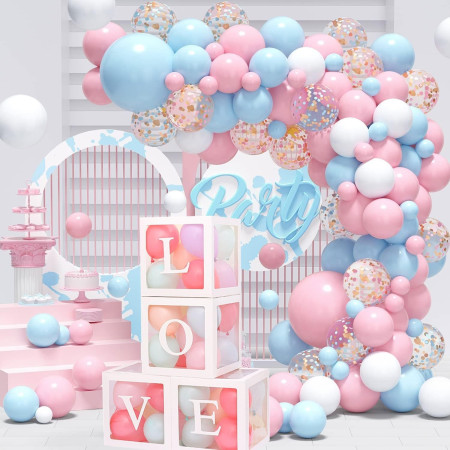 Set 4 Cutii pentru Baloane, Cyrax, Model Scris Love, Tematica Iubire, Cuburi Decorative din Plastic, Accesorii pentru Petrecere, 30 x30 cm, Transparente Contur Alb