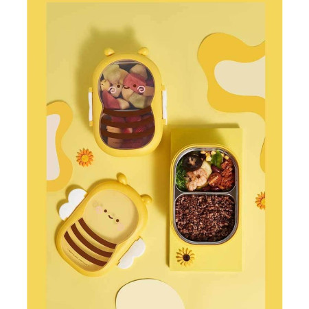 Cutie pentru Pranz, Cyrax, din PP si Otel Inoxidabil, Model Albina, 2 Compartimente, 301-500 ml, Galben