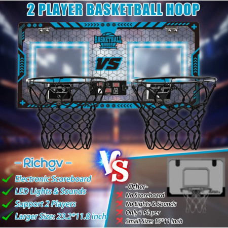 Set 2 Cosuri de Baschet pentru Copii, Cyrax, cu Tablou de Bord Electronic, Pentru 2 Jucatori, Minge, Pompa, 2 Moduri, Interior/Exterior, Inel Metalic si Rabatabil cu Arc, Luminos, 60x31x6 cm, Multicolor