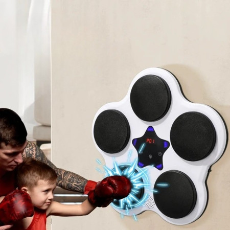 Jucarie de Boxat cu Muzica si Lumini, Cyrax, Bluetooth, Incarcare USB, Aplicare cu Ventuze, 5 Tinte, 40x38x8 cm, 930 g, Alb