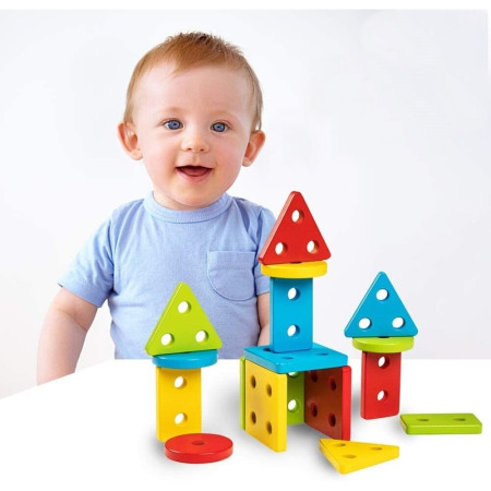 Jucarie Educativa Cyrax, Tip Montessori, din Lemn, + 36 Luni, Forme Geometrice, 16 Piese, 12 x 12 cm, Multicolor