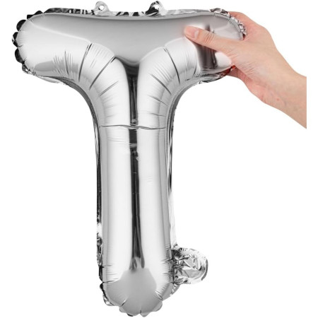 Balon Folie Metalizata Litera T, Cyrax, 80 cm, Umflati cu Heliu sau Aer, Ambalaj Individual, Pai inclus, Argintiu