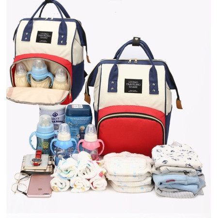 Rucsac Multifunctional pentru Mamici, Cyrax, din Panza Oxford, Compartimentare Multipla, Impermeabil, 43 x 18 x 26 cm, Alb/Rosu/Albastru