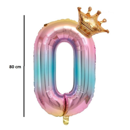 Balon din Folie Metalizata, Cyrax, Figurina Cifra Gradient, Tema Aniversare 80 cm, Ambalaj Individual, Pai inclus, Umflare cu Aer sau Heliu, Coronita, Cifra 0