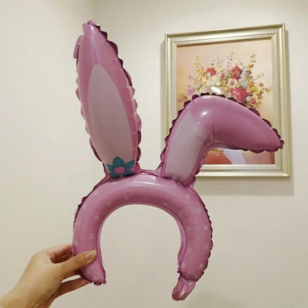 Balon din Folie Metalizata, Cyrax, Tip Coronita cu Urechi, Model Iepure, Ambalaj Individual, Pai Inclus, Umflare cu Aer sau Heliu, 38 x 45 cm, Roz