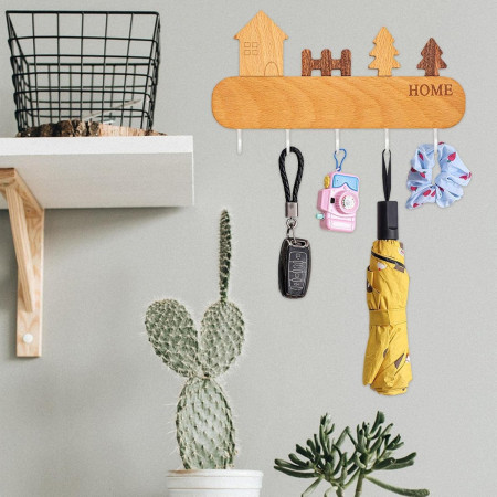 Suport pentru Chei,  din Lemn, Aplicare fara Perforare, Adeziv Inclus, 5 Carlige Albe, Model Casuta, Greutate Suportata 5 kg, 13.5 x 23 cm, Maro