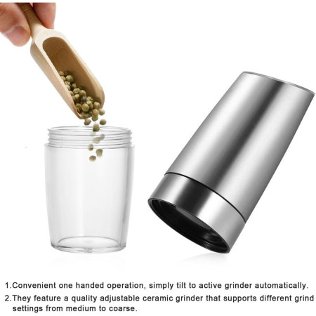 Set de 2 Rasnite electrice de Sare si Piper, Cyrax, cu Camere Depozitare Transparente, Macinare, Functionare pe Baterii, cu Lumina, ABS, 20x6.5 cm, Argintiu/Transparent