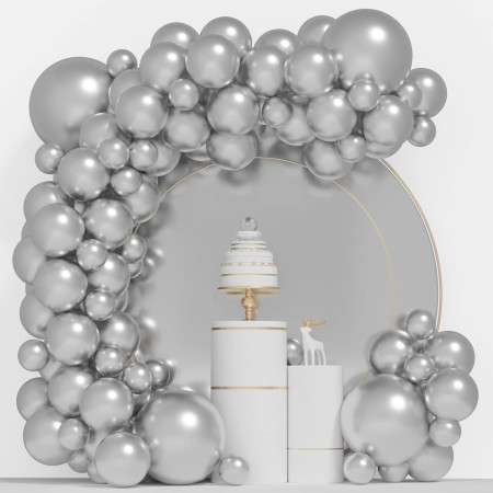 Set 10 Baloane din Latex Metalizate, Cyrax, Model Party, Alb, Argintiu, 23 cm, 2.2 g