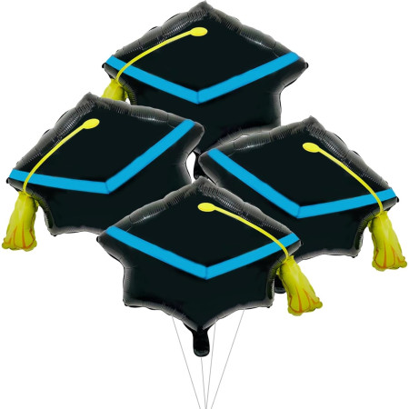 Balon din Folie Metalizata, Cyrax, Figurina, Model Toca Congrats Grad, Tematica Absolvire, 56x70 cm, Ambalaj Individual, Pai Inclus, Umflare cu Aer sau Heliu, Negru-Albastru