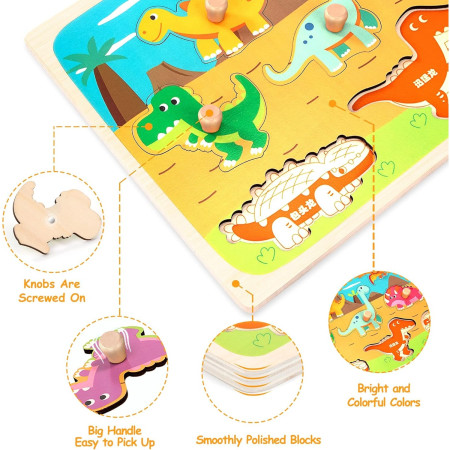 Puzzle Montessori din Lemn pentru Copii, Cyrax, 3D, 0-3 Ani, Model Dinozauri, Educativ, Intuitiv, Creativ, 8 Piese, 30x22.5x0.8 cm, Multicolor