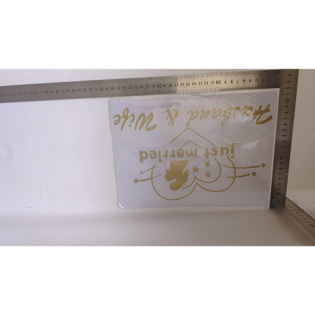 Sticker Autocolant, Cyrax, Tematica Nunta, Model Indragostiti, cu Scris Just Married Husband&Wife, 21x29 cm, Auriu