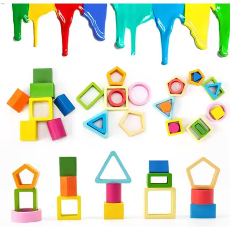 Jucarie Montessori din Lemn, Cyrax, Tip Puzzle, cu 5 Forme Asimetrice, 15 Piese, Educativa, Interactiva, Creativa, Model Forme Geometrice, Materiale Non Toxice, +2 Ani, 29x6.5 cm, Multicolor