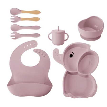 Set 10 Piese Servire Masa. Cyrax, pentru Bebelusi si Copii, din Silicon/Lemn, cu Ventuze Anti-alunecare, fara Alergeni. +6 Luni, Model Elefant, Mov
