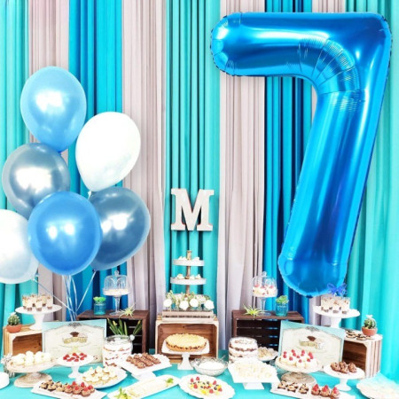 Balon din Folie Metalizata, Cyrax, Figurina Cifra, Tema Aniversare 100 cm, Ambalaj Individual, Pai inclus, Umflare cu Aer sau Heliu, Albastru, Cifra 7