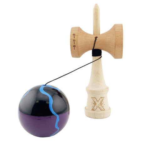Kendama X Originala, Profesionala, Cyrax, Big Cups V2, Super Sticky cu Cupe Mari, Rulment Metalic, din lemn 18 cm, Ata 55 cm, Negru/Mov