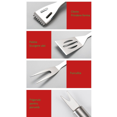 Set 16 Ustensile pentru Gratar, Cyrax, din Otel Inoxidabil, Geanta Oxford, Argintiu