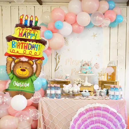 Balon din Folie Metalizata, Cyrax, Figurine Animalute, Model Ursulet cu Tort Aniversar, 124x65 cm, Ambalaj Individual, Pai Inclus, Umflare cu Aer sau Heliu, Multicolor