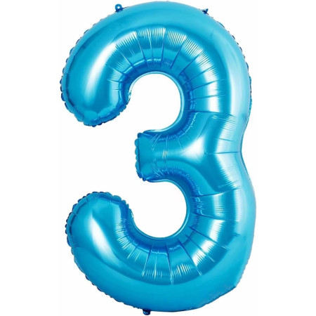 Balon din Folie Metalizata Cyrax, Figurina Cifra si Coroana, Tema Aniversare 100 cm, Ambalaj Individual, Pai inclus, Umflare cu Aer sau Heliu, Albastru, Cifra 3