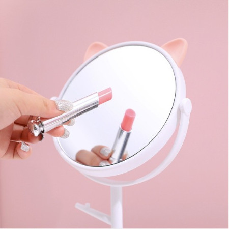 Oglina Cosmetica cu Picior, Cyrax, HD, Rotire 360 Grade, 15 cm Diametru, Suport Bijuterii Baza Rotunda + 2 Brate, Model cu Urechi, 31 x 14.5 x 15 cm, din Plastic, Alb