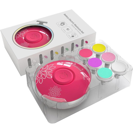 Set Pila Electrica pentru Copii si Bebelusi, Cyrax, ABS, Incarcare USB, Model cu Flori, 6 Accesorii, cu Lumina LED, Fucsia