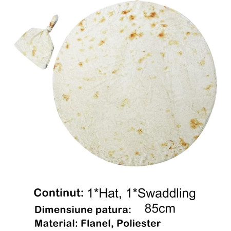 Set patura flanel si caciula  forma lipie, pentru nou-nascuti, material poliester, 85 cm, crem