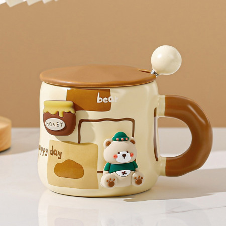 Cana din Ceramica, Cyrax, Model Urs pentru Baieti, Cana Universala, Cana pentru Ceai, Cana cu Lingura Metalica si Capac, 9.6 x  9.5 x 9.5 cm, 400 ml Bej