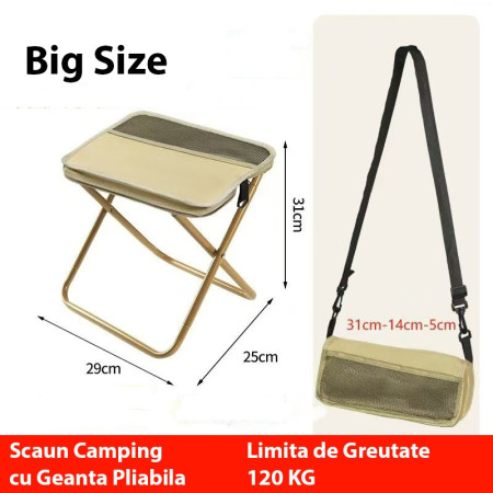 Scaun Taburet Pliabil pentru Camping,  pentru Adulti, Scaun Portabil, Pescuit, din Panza Oxford si Cadru Metalic, Mare 31 x 29 x 25 cm, Bej