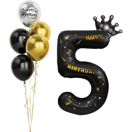 Balon din Folie Metalizata Cyrax, Figurina Cifra si Coroana, Scris Happy Birthday, Tema Aniversare 100 cm, Ambalaj Individual, Pai inclus, Umflare cu Aer sau Heliu, Negru, Cifra 5