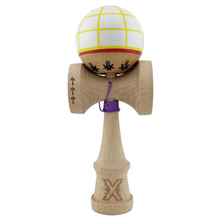 Kendama X Originala, Profesionala, Cyrax, Big Cups V2, Model Glob Super Sticky Legendary Cupe Mari, Rulment Metalic cu Ata 55 cm, Alb/Galben/Rosu
