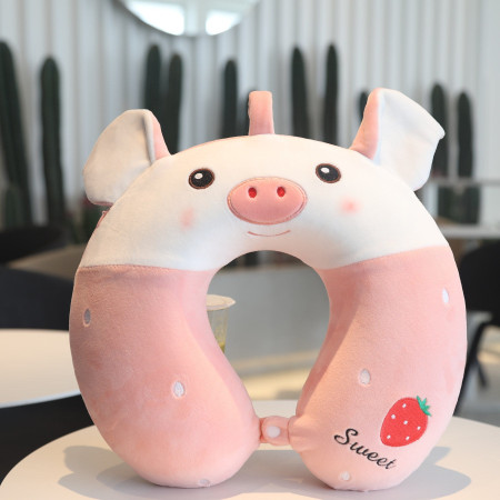 Perna de Calatorie in Forma de U,  Pentru Gat si Cap, Umplutura din Spuma cu Memorie, 30x30 cm, Model Purcelus, Accesoriu de Voiaj, Birou, Masina, Sistem Prindere Capse, Alb-Roz