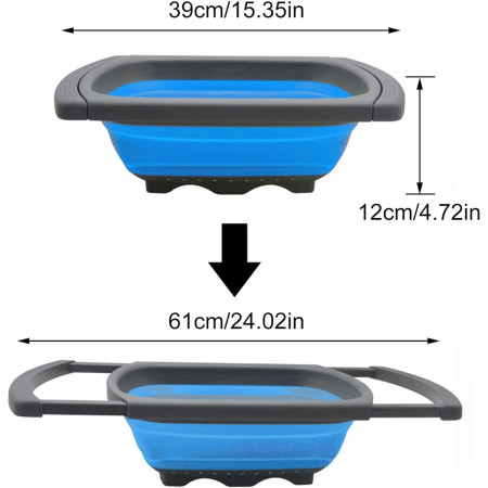 Cos de Scurgere Retractabil pentru Chiuveta, Cyrax, cu Filtru, pentru Fructe si Legume, de Uz Casnic, 39x12 cm, Design Extensibil pana la 61 cm, cu Manere de Prindere, Albastru