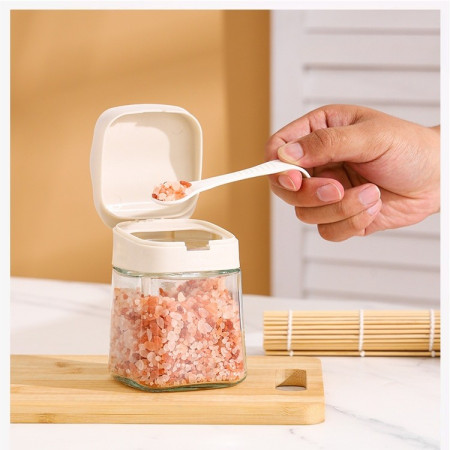 Recipient Condimente, Cyrax, din Stilca, 180 ml, cu Maner si Lingurita, 11.3 x 8.2 cm, Capac Ondulat, Alb