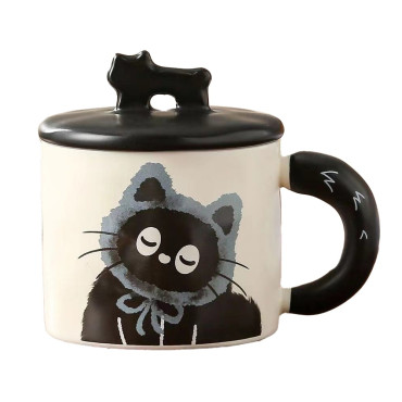 Cana din Ceramica, Cyrax, Model in Cutie pentru Cadou, Cana pentru Ceai, Cafea, Cana Retro Design Capac cu Figurina 3D, 9.5 x 8 x 8 cm, 360 ml, Bej, Print Pisica Albastru Negru