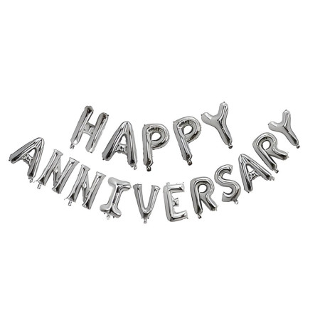 Set Baloane din Folie Metalizată, Cyrax, Model Happy Anniversary, Litere de 40 cm, Baloane Party, Ambalaj Individual, Pai inclus, Umflare cu Aer sau Heliu, Argintiu