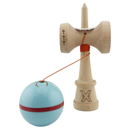 Kendama X Originala Silken, Profesionala, Cyrax, Cupe Mari KING SIZE V3, Super Sticky, Gaura in Baza, Rulment Metalic, din lemn 18 cm, Ata 55 cm, Albastru deschis