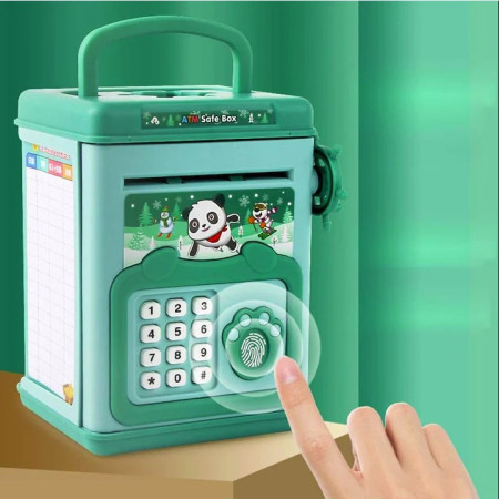 Pusculita pentru Copii, Cyrax, pusculita pentru economii SMART BOX cu efecte sonore, Tip ATM, cu Parola cu Amprenta, din plastic, 20 x 13.5 x 11.5 cm Verde