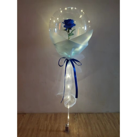 Buchet Decorativ, Cyrax, Trandafir in Balon cu Lumini Led, Diametru 35 cm, 2 x Baterii AA (neincluse), Albastru/Alb