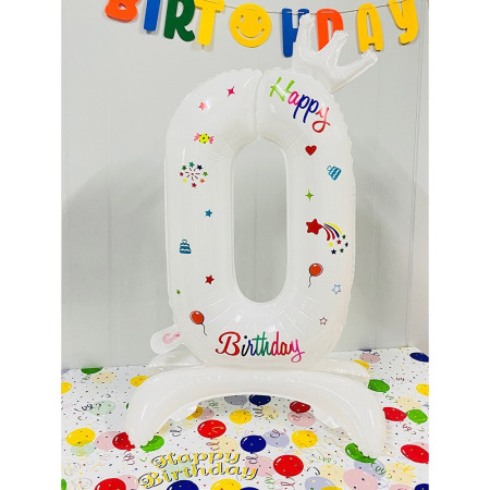 Balon din Folie Metalizata, Cyrax, Figurina Cifra, Model 0 cu Happy Birthday Scris, Tema Aniversare 81 cm, Ambalaj Individual, Pai Inclus, Umflare cu Aer sau Heliu, Alb