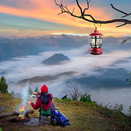 Portable camping light, vintage lantern with hook, ABS, 21 COB LED lighting, adjustable intensity, 5W, reversible, red rechargeable