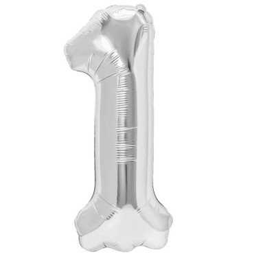 Balon din Folie Metalizata, Cyrax, Figurina Cifra, Tema Aniversare 40 cm, Ambalaj Individual, Pai inclus, Umflare cu Aer sau Heliu, Argintiu, Cifra 1